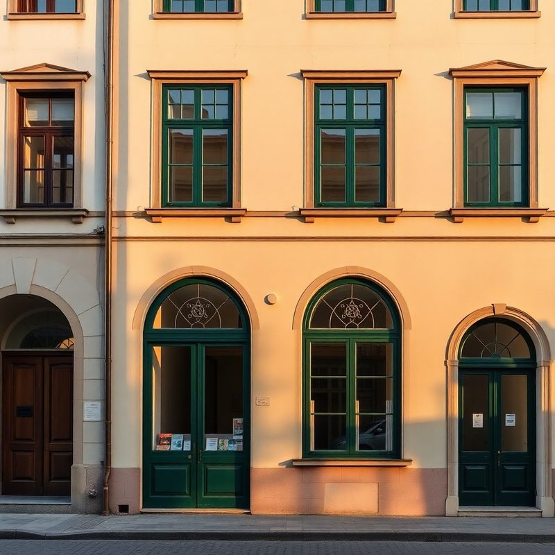 Restored early-twentieth-century facade with cream plaster and forest-green window frames in Brașov