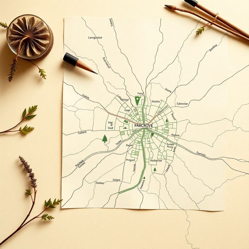 Hand-drawn map on cream paper with forest-green ink showing the Brașov office location