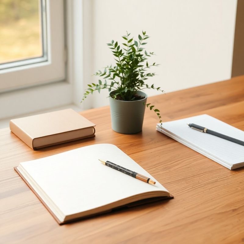 Timber advisor's desk with notebook, cream stationery, and a small potted fern