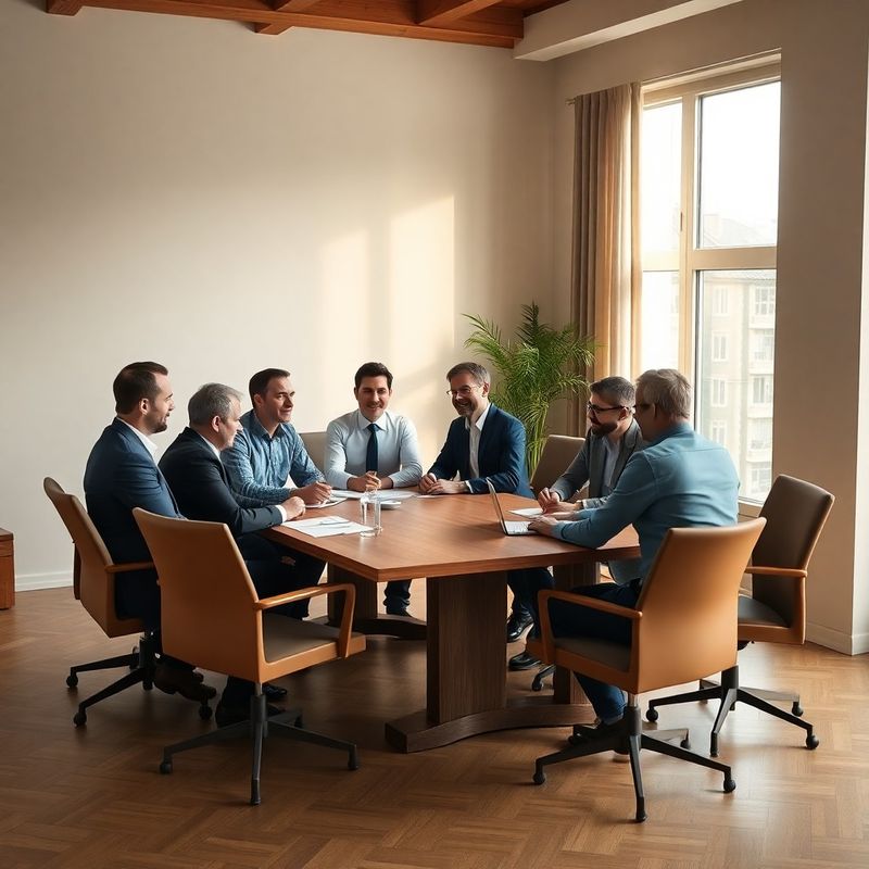 Six advisors seated around a timber conference table in a forest-cream office