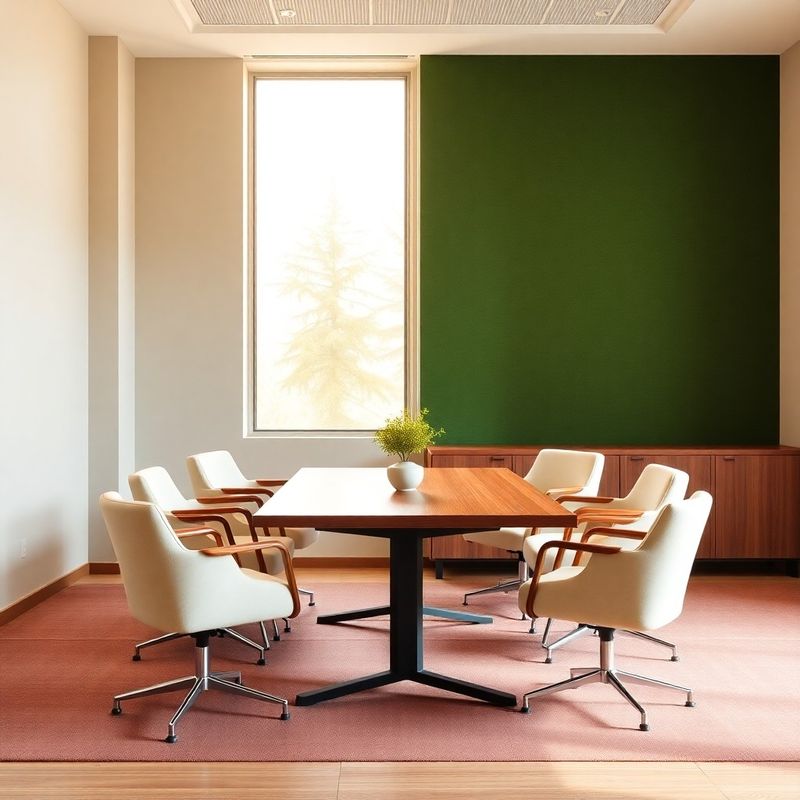 Calm advisory meeting room with cream chairs and forest-green wall panel