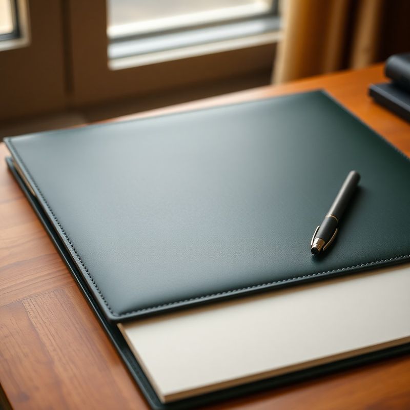 Forest-green leather folder with cream paper documents on a timber desk